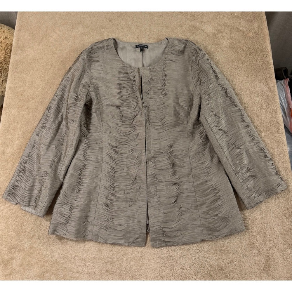 Eileen Fisher Ripple Bindu Jacket Womens Medium Natural Gray 100% Silk Lined EUC